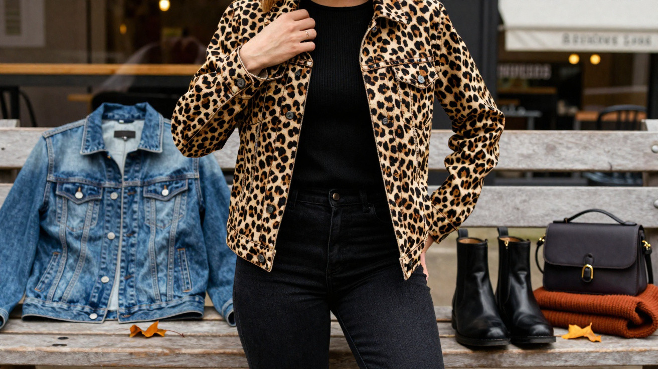 Person wearing leopard print jacket standing in front of a bench with denim jacket, boots, bag, and sweater on it