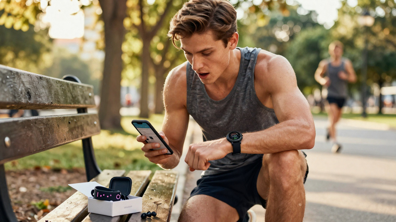 Young man checking fitness watch and phone app while sitting on a park bench after jogging.