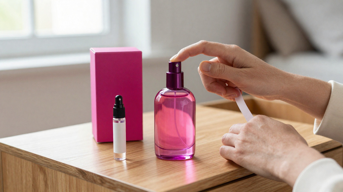 Person testing pink perfume spray from a bottle on a scent strip on a wooden table near a window