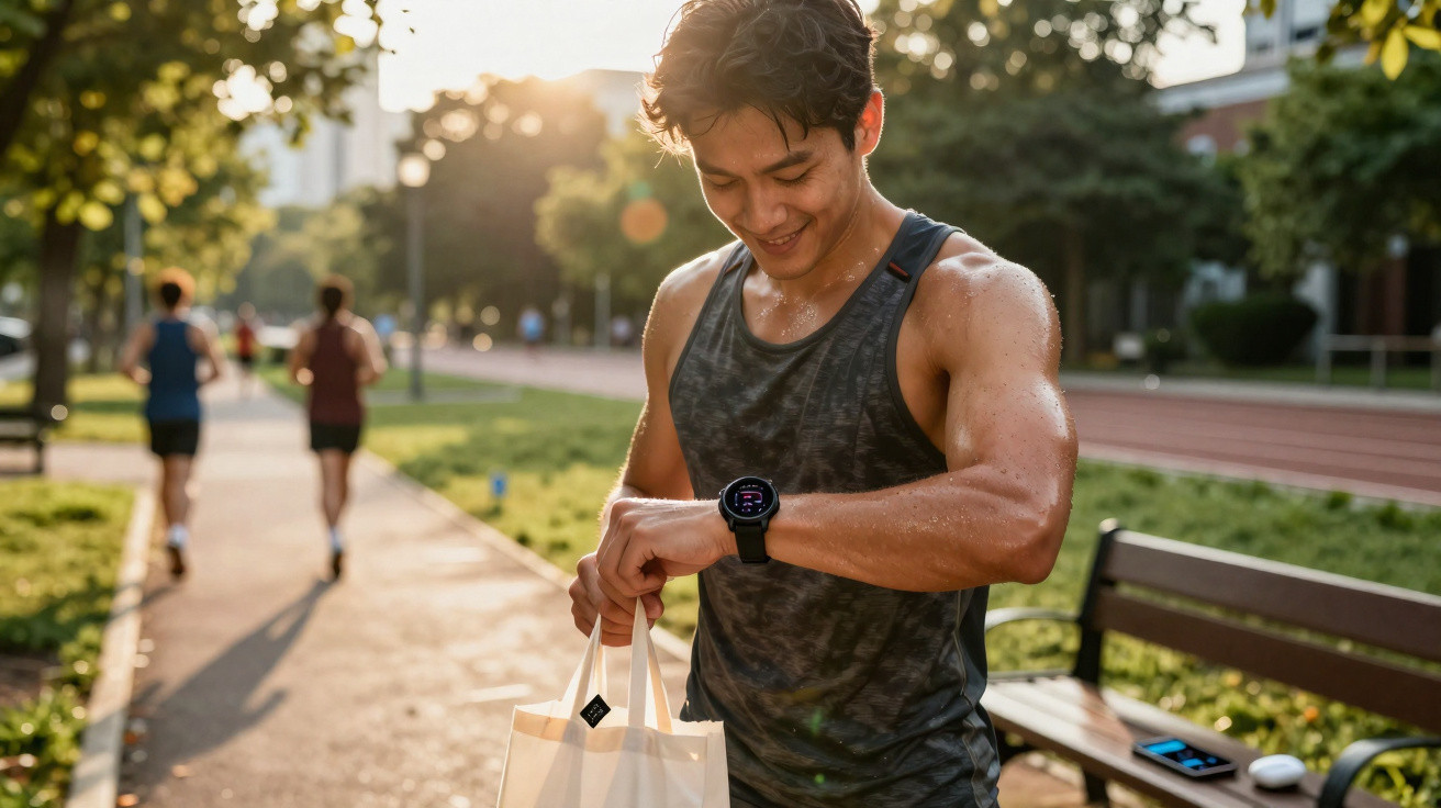 Smiling man in black tank top checking smartwatch after jogging in sunny park with people running in background.