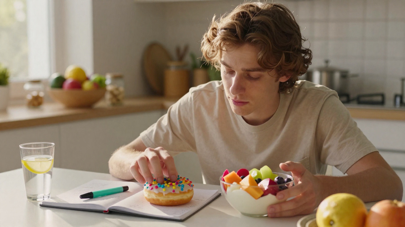 Young man sitting at kitchen table with a donut, fruit bowl, notebook, and glass of lemon water.