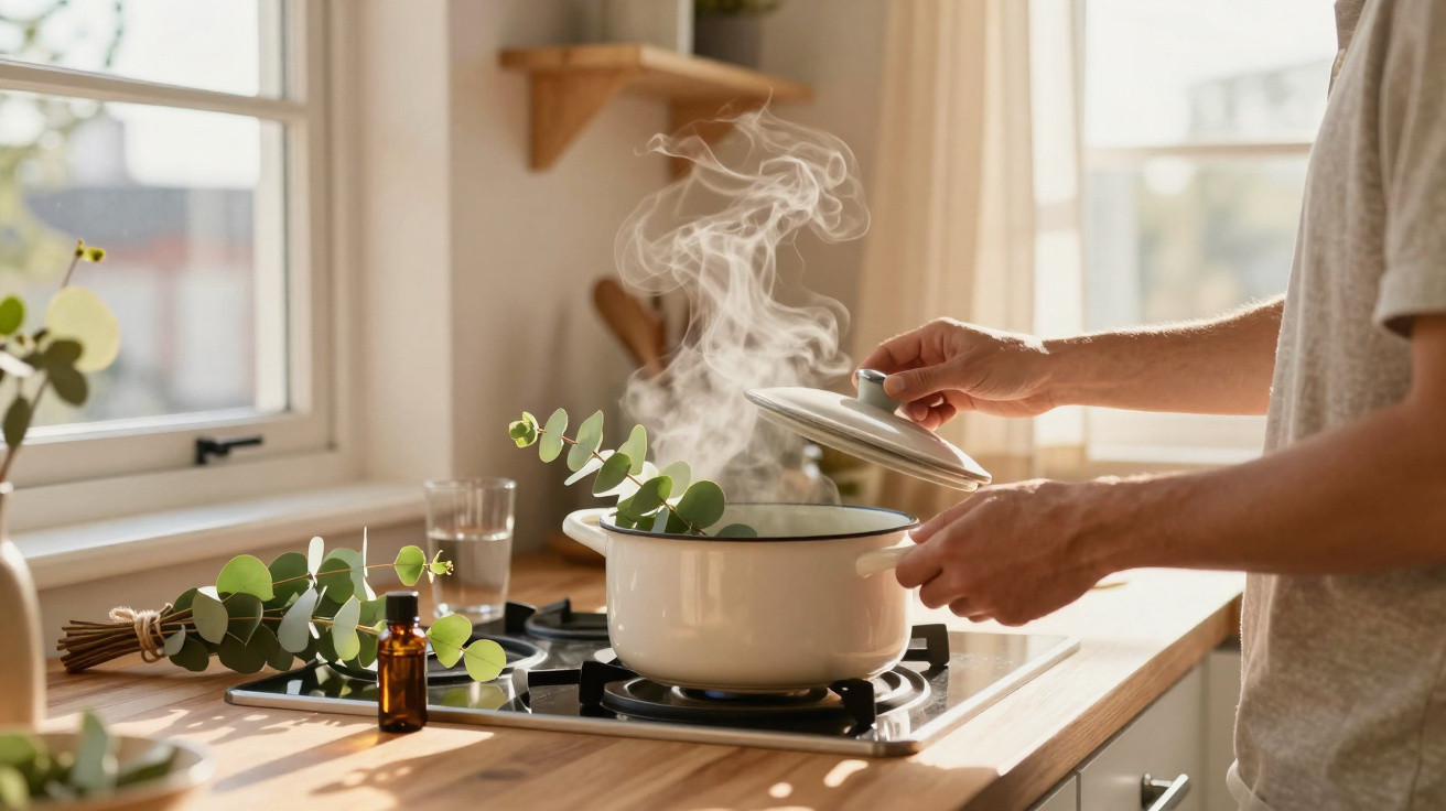 Person lifting lid of white pot on stove releasing steam with eucalyptus leaves inside in bright kitchen.
