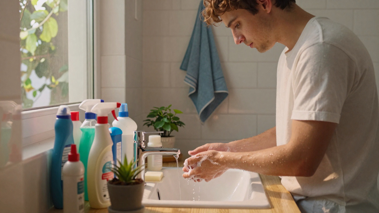Young man washing hands in a bright bathroom with cleaning products and plants on the windowsill.