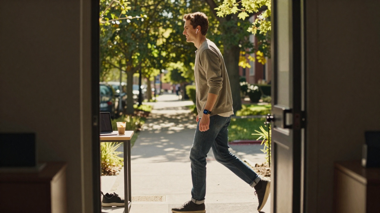 Young man walking outdoors on sunny sidewalk near laptop on a table viewed through an open doorway