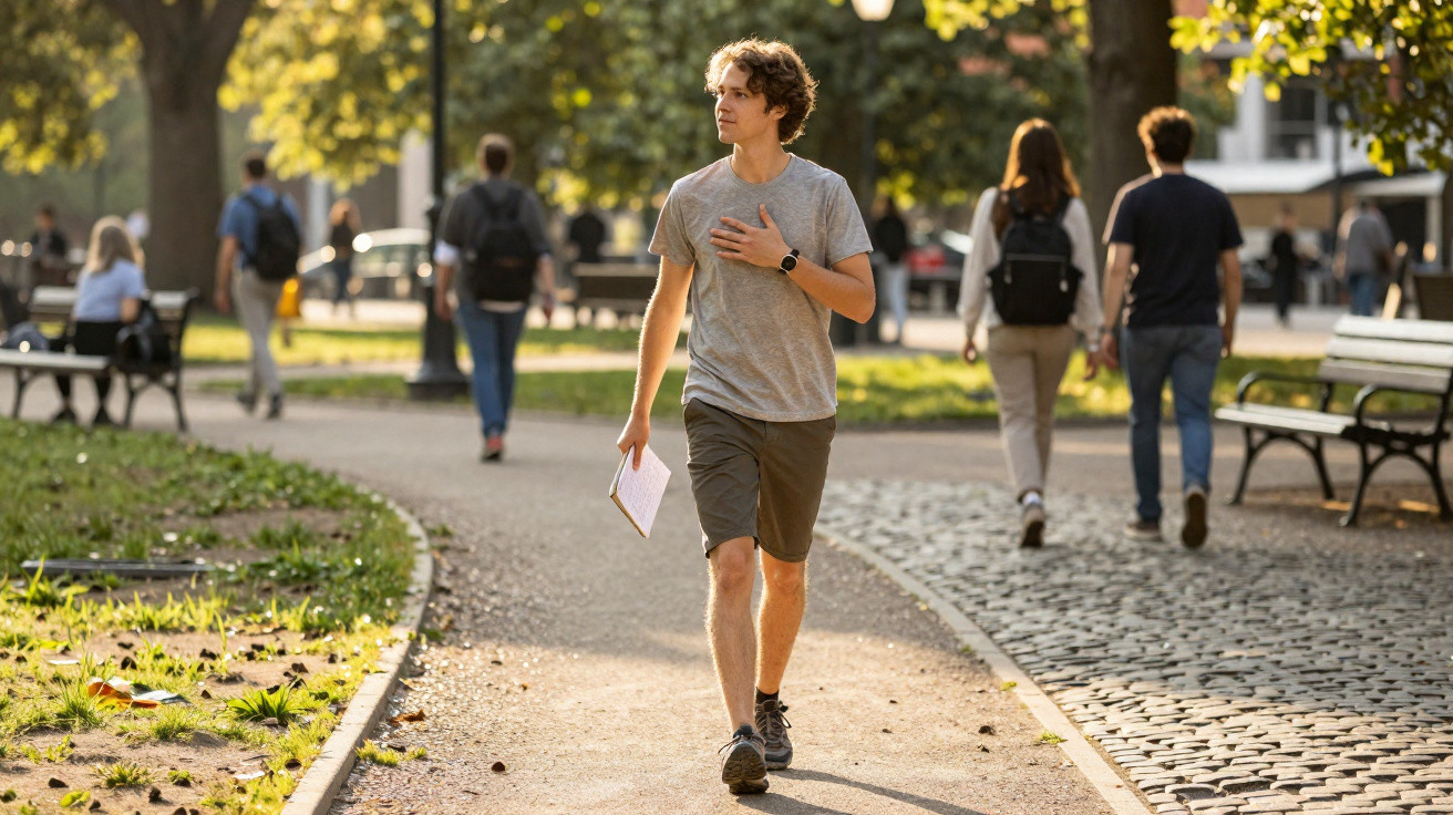 Young man walking on a park path holding papers with other people walking and sitting on benches in the background.
