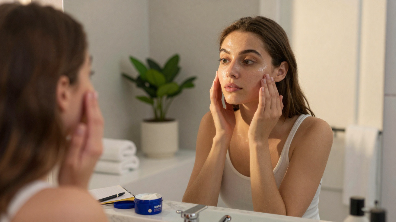 Woman applying cream to her face while looking in the bathroom mirror with skincare products on the counter.