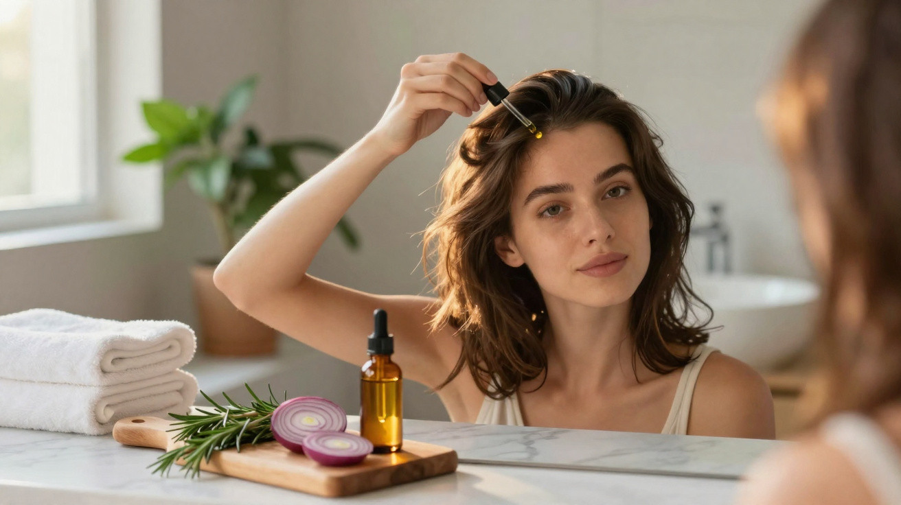 Woman applying facial oil using a dropper in front of a bathroom mirror with towels and natural ingredients nearby.