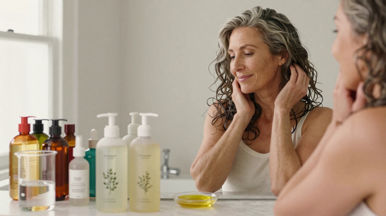 Middle-aged woman touching her hair while sitting at a bathroom counter with skincare products and a mirror.