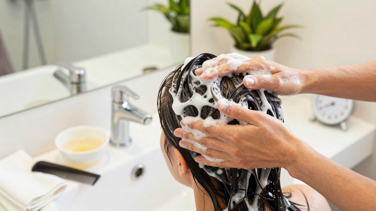 Person washing long dark hair with shampoo and lather at a bathroom sink with plants and clock nearby