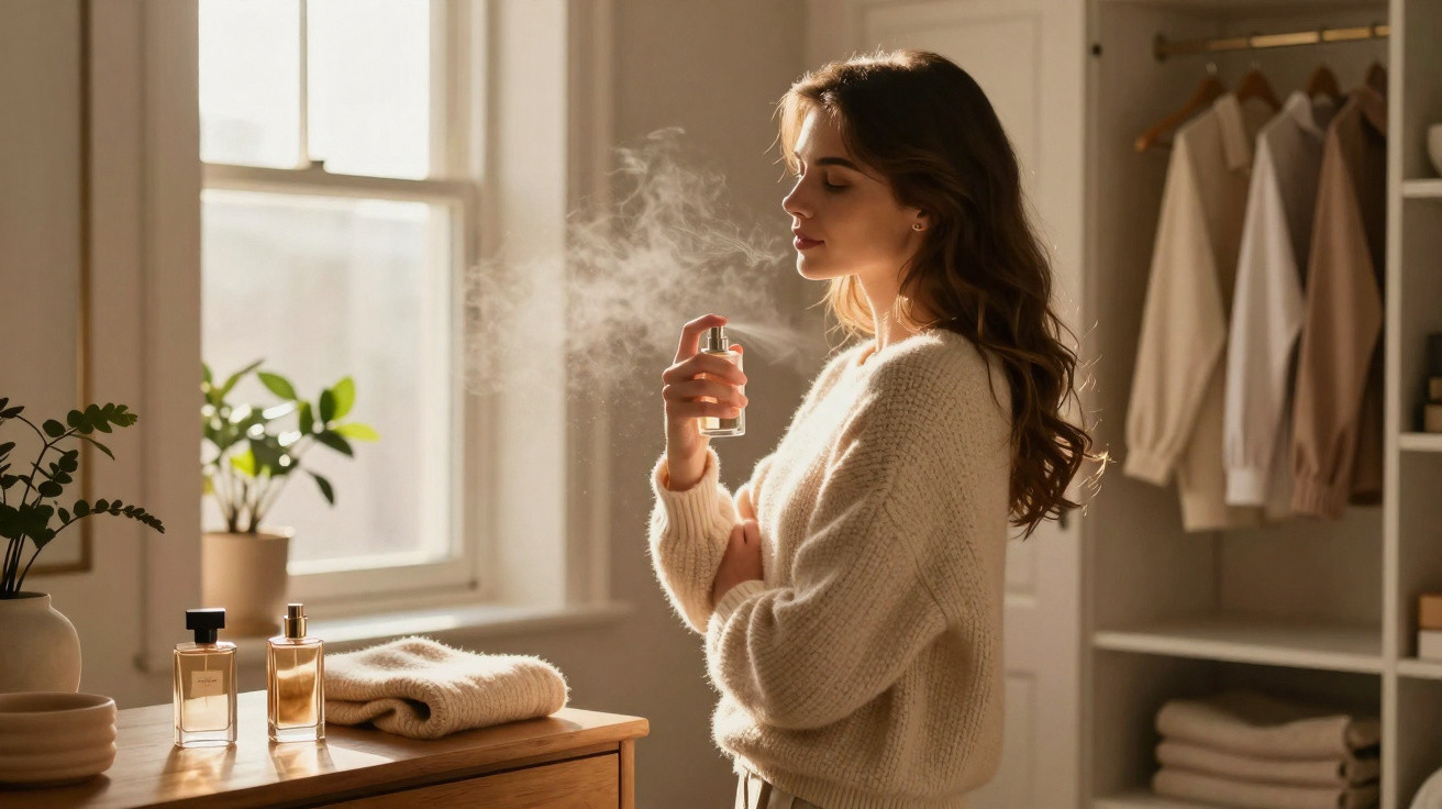Woman in cosy sweater spraying perfume in softly lit bedroom near window and wooden dresser with folded clothes.
