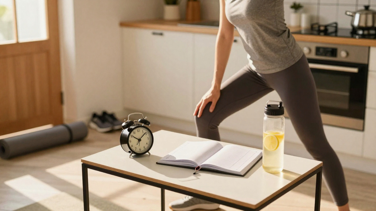 Person stretching in kitchen with open planner, water bottle with lemon, and alarm clock on table.