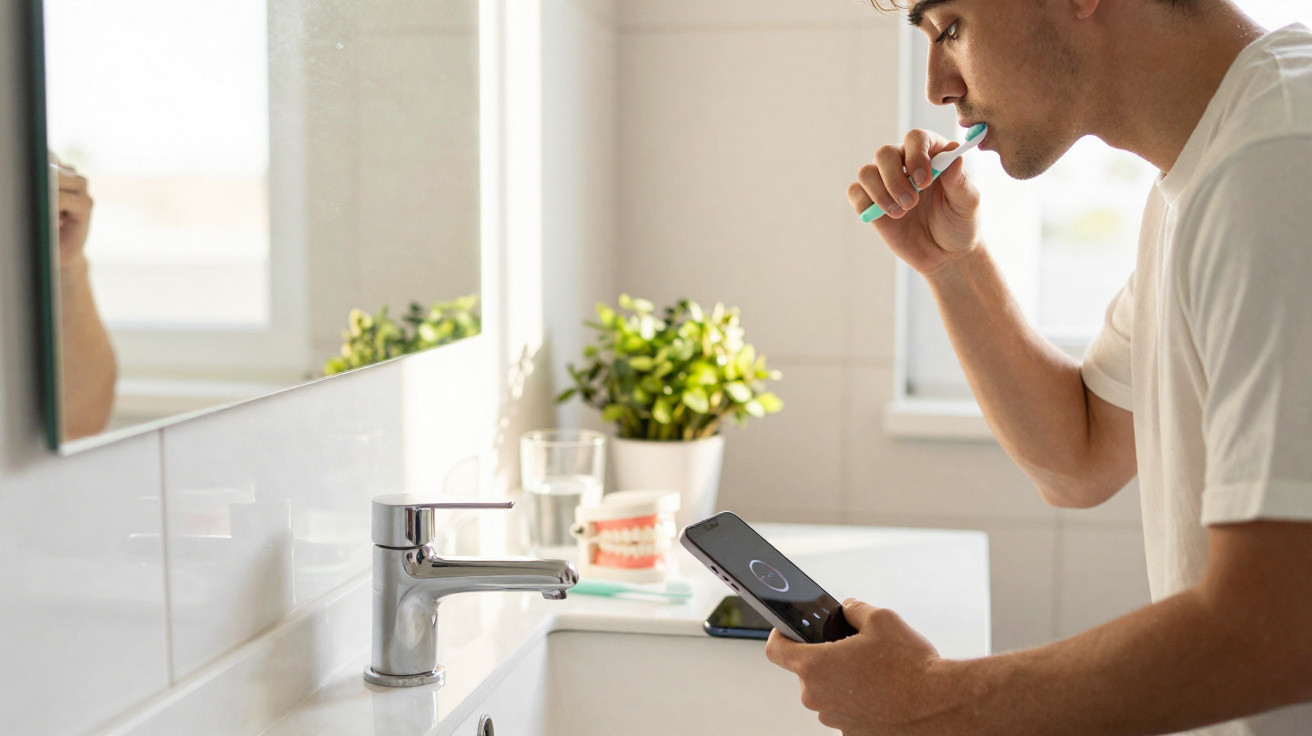 Man brushing teeth in bathroom while holding smartphone in front of sink with potted plant and glass of water in background