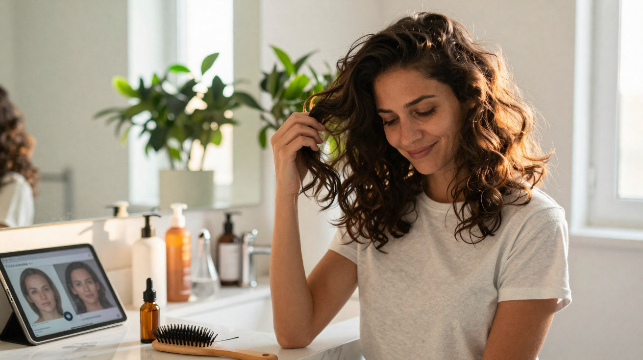 Woman with curly hair smiling while looking down, sitting at a bathroom counter with hair products and a tablet.