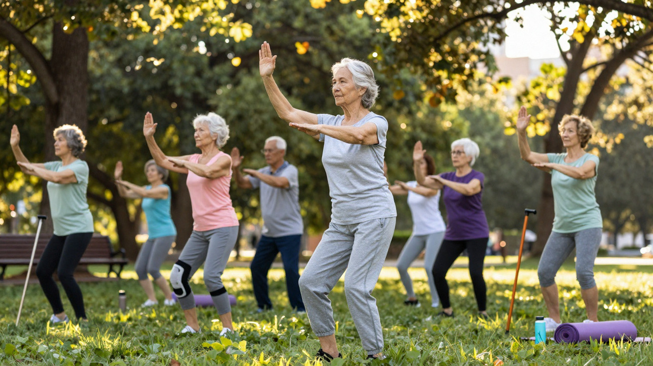 Group of elderly people practising tai chi together in a sunlit park on a green lawn.