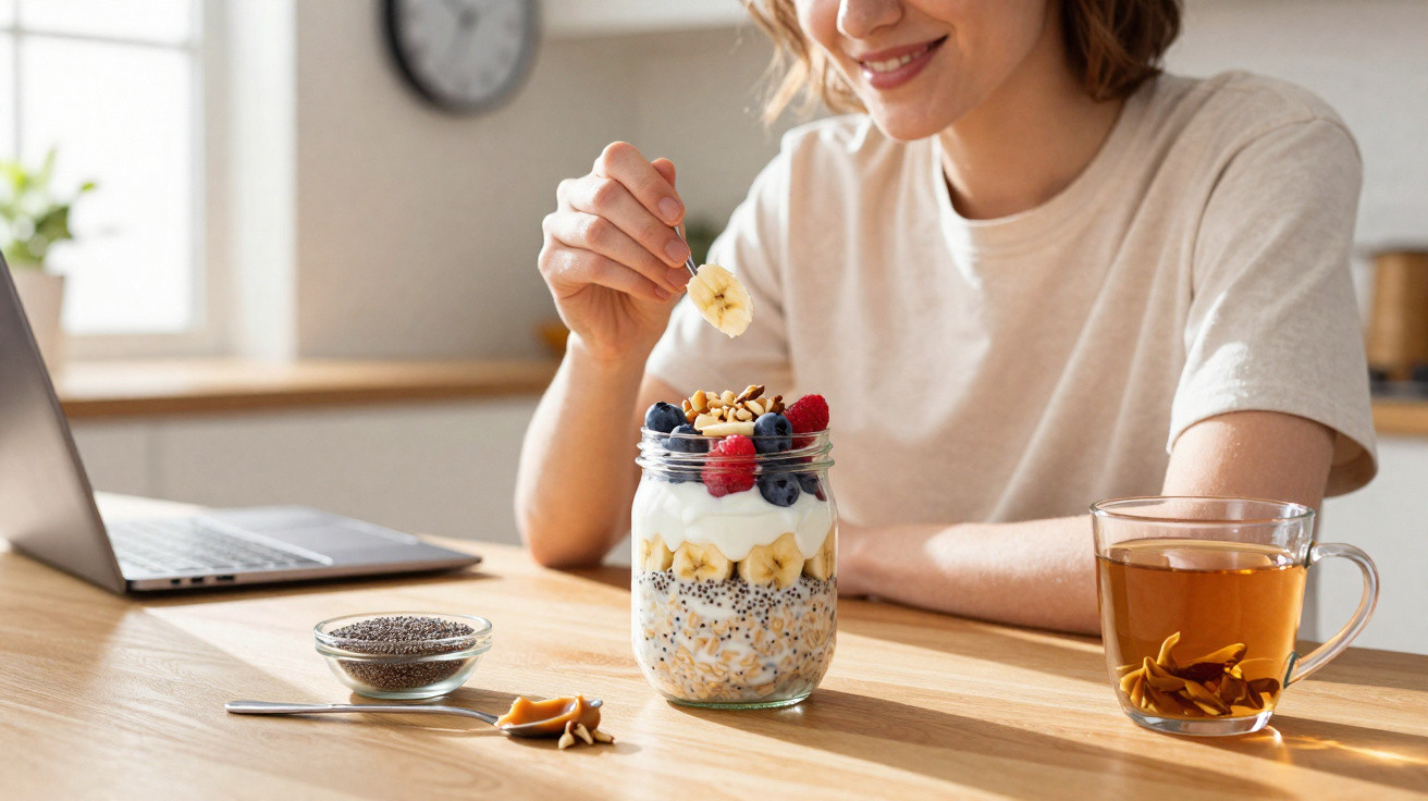 Woman eating a healthy layered breakfast parfait with fruit and nuts, laptop nearby, and a cup of tea on table.