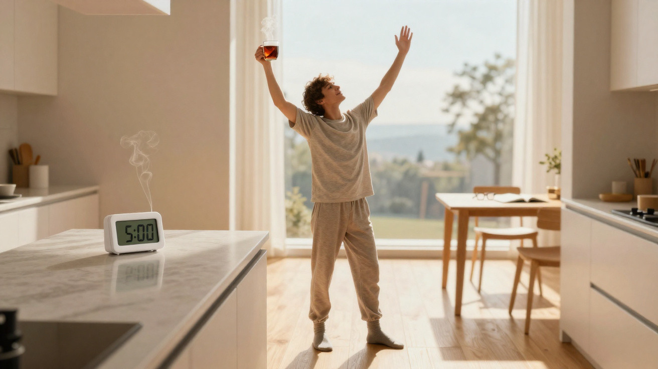 Young person in grey pyjamas stretching in a bright kitchen holding a bottle with a digital clock showing 5:00 on the counter