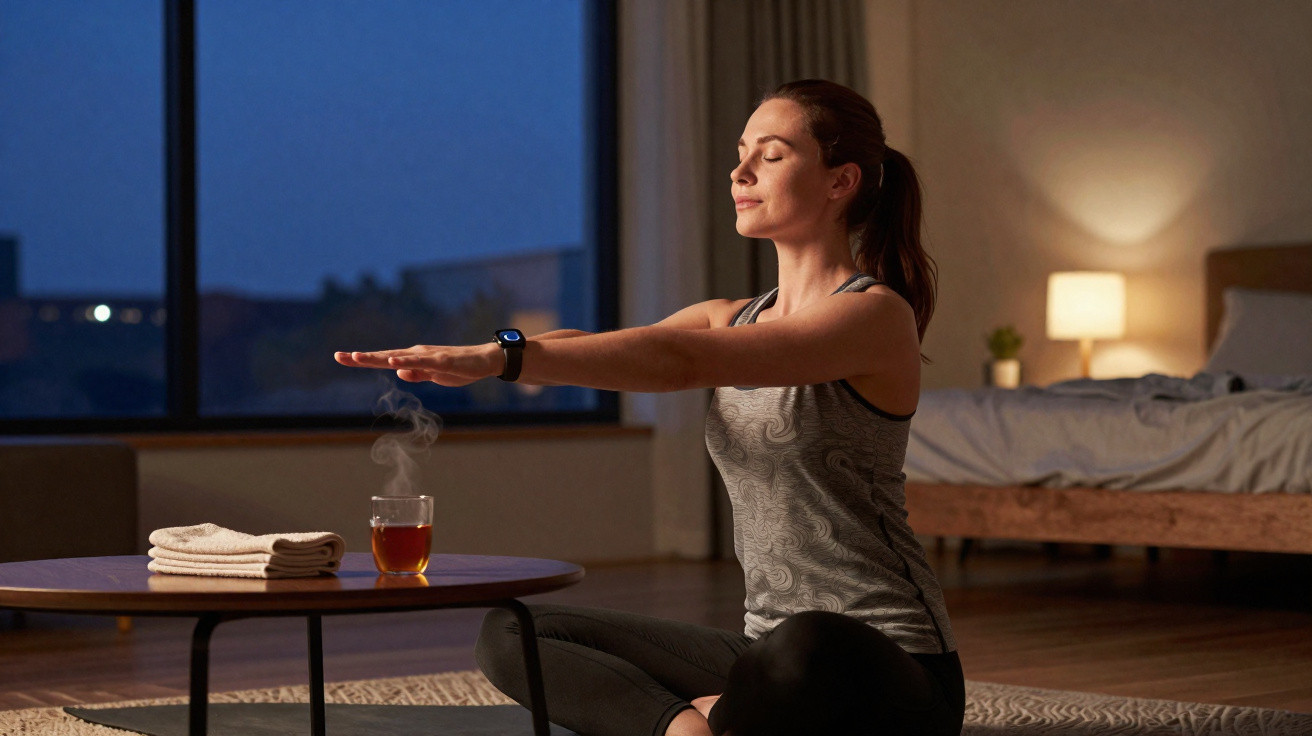 Woman meditating indoors on a mat with eyes closed, wearing fitness wear and a smartwatch, with a steaming cup nearby.
