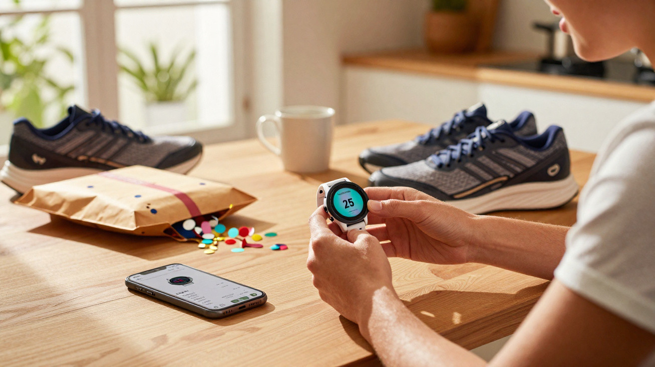 Person holding a smartwatch showing 25 with running shoes, a phone, sweets, and a coffee mug on a wooden table.