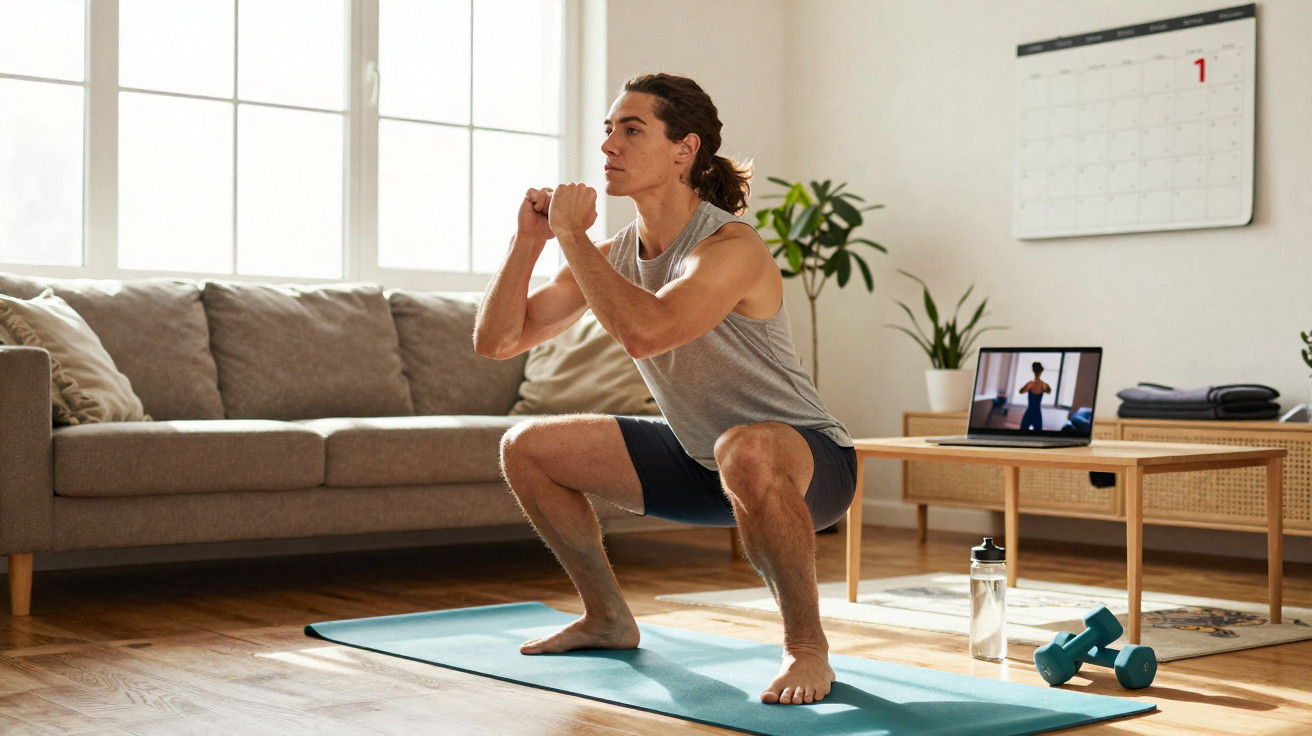 Man doing a squat exercise on a yoga mat following a workout video on a laptop in a bright living room.