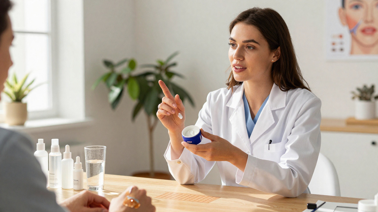 Doctor in a white coat explaining skincare cream to a patient across a wooden desk with skincare products.