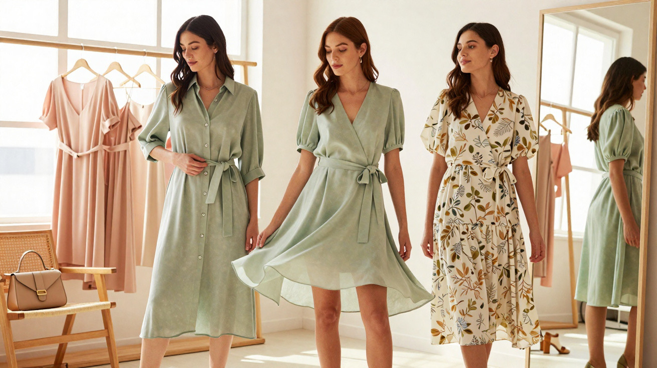 Three women modelling pastel and floral midi dresses in a sunlit room with dresses hanging and a mirror.
