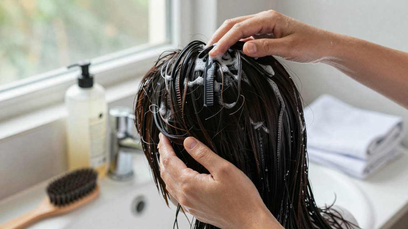 Person washing long dark hair with shampoo at a bathroom sink next to a brush and soap dispenser.