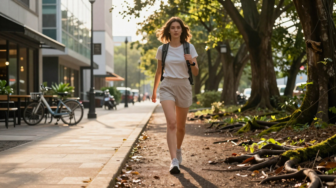 Young woman walking on a sunlit path beside urban buildings and trees, wearing casual summer clothes and a backpack.