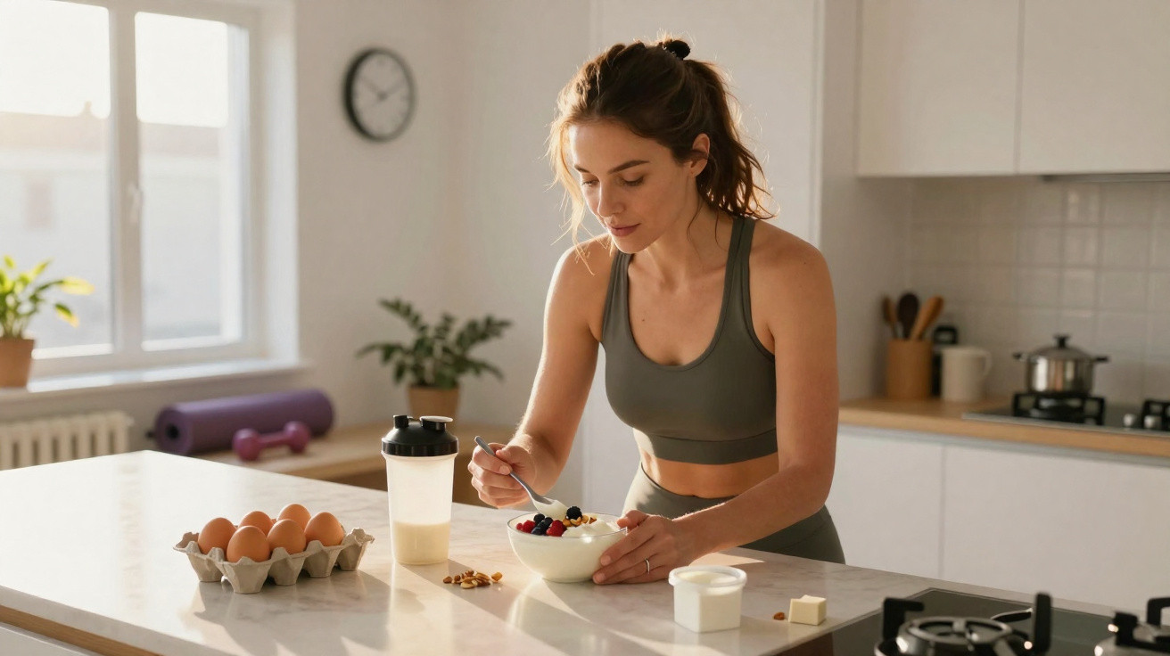 Young woman in sportswear eating a bowl of fruit and yogurt in a bright modern kitchen.