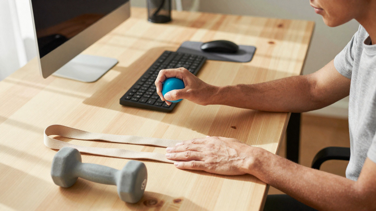 Person using a blue hand exercise ball at a desk with a keyboard, mouse, dumbbell, and resistance band nearby.