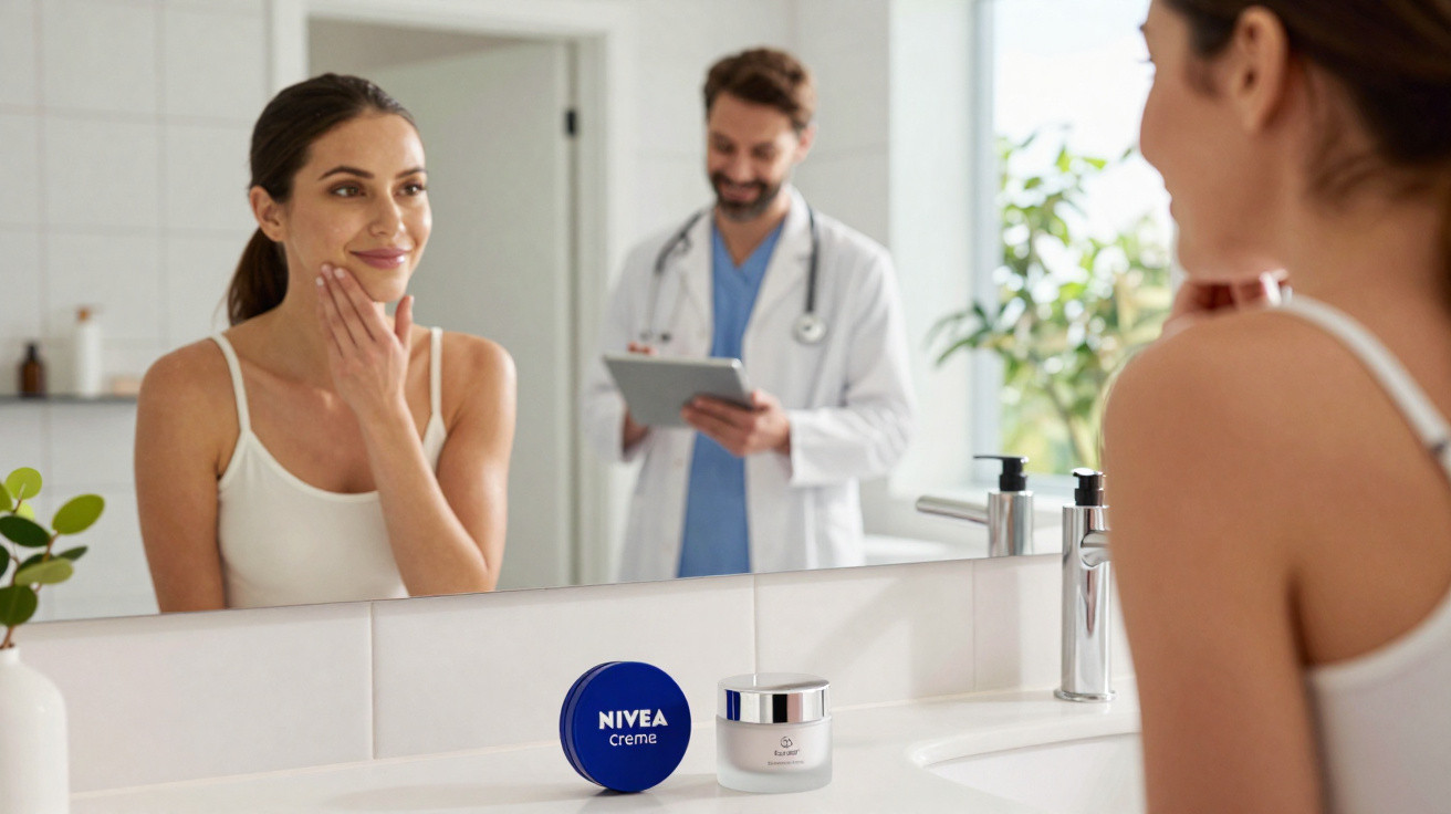 Woman touching her face in the mirror with a doctor smiling in the background and skincare products on the sink.