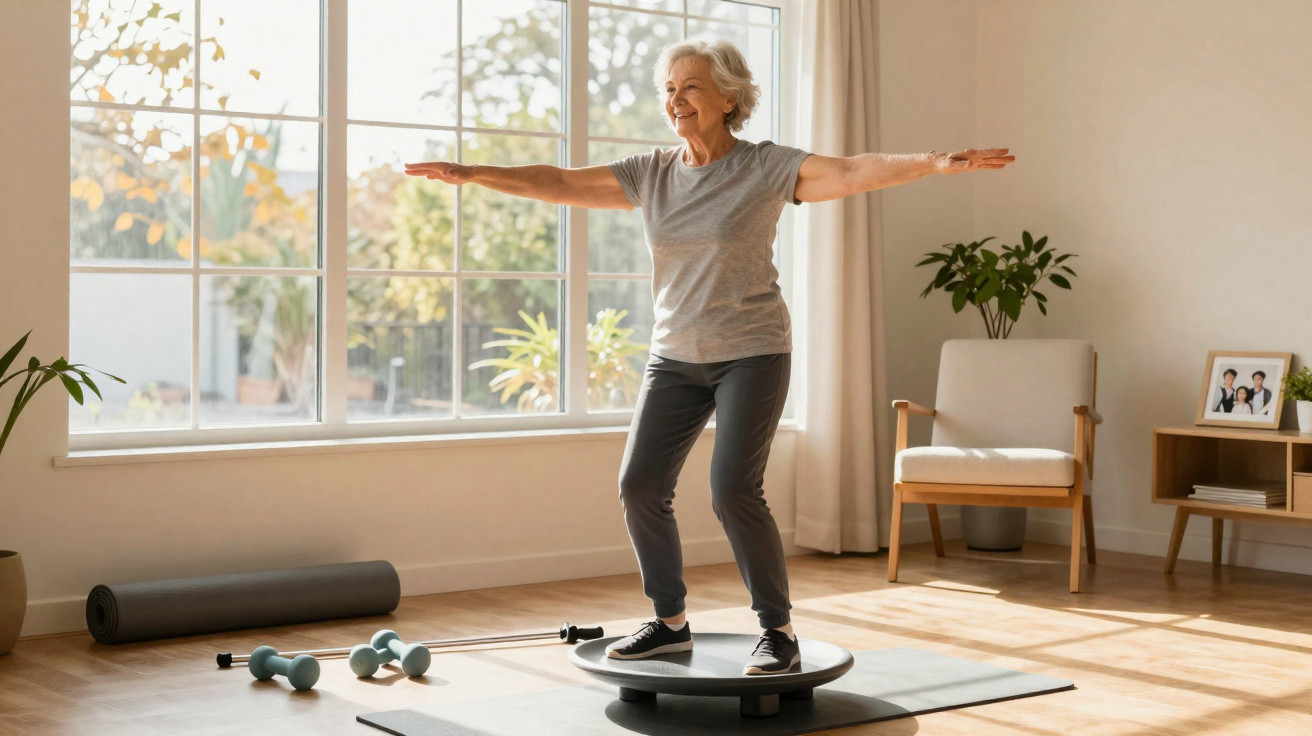 Elderly woman balancing with arms outstretched on a wobble board in a sunlit living room.