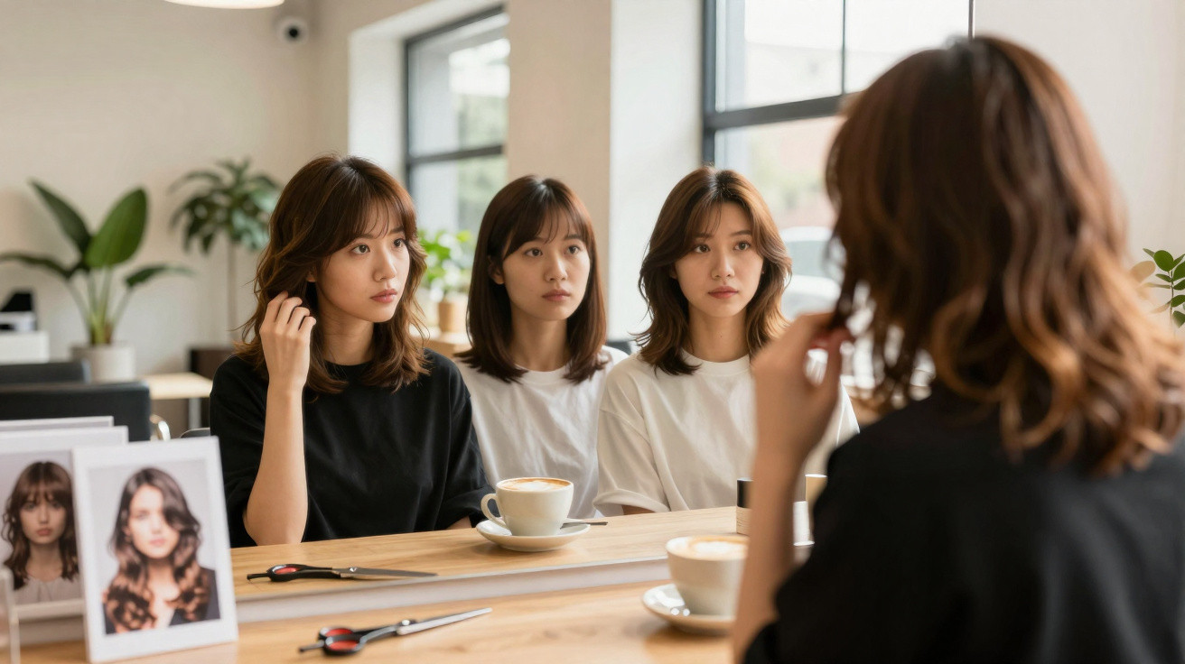 Three women sitting at a salon table looking into a mirror with hair styling photos and coffee cups nearby.