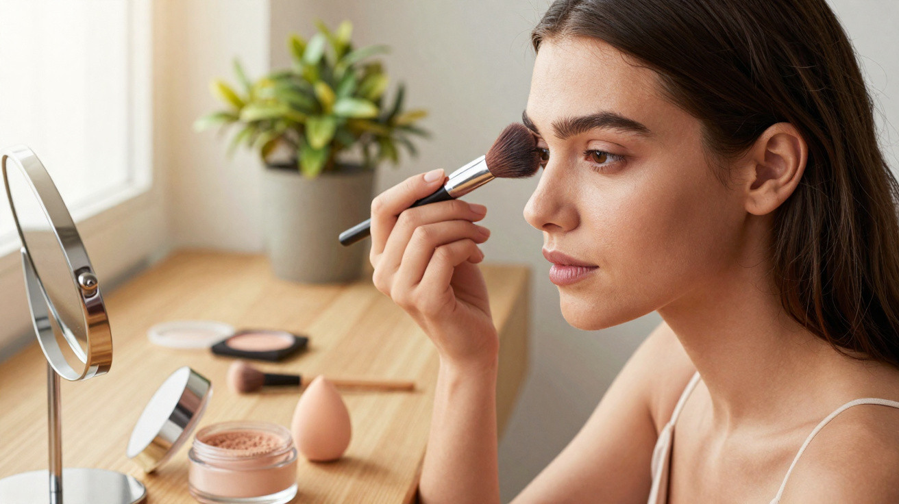 Young woman applying makeup with a brush in front of a mirror on a wooden table with cosmetics.