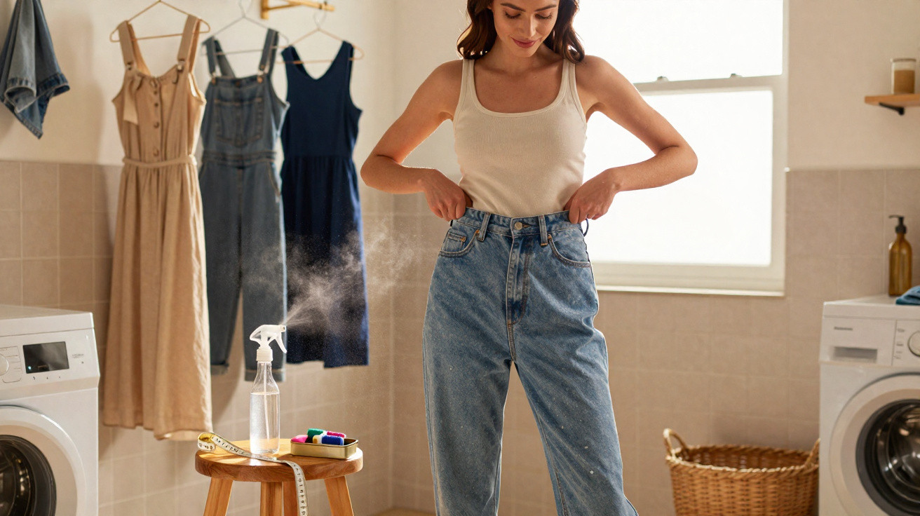 Woman trying on high-waisted jeans in a laundry room with dresses hanging and a spray bottle on a stool.