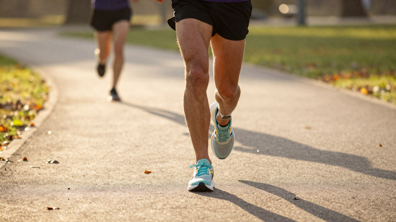 Close-up of two people running on a sunlit paved path in a park, focusing on their legs and feet.