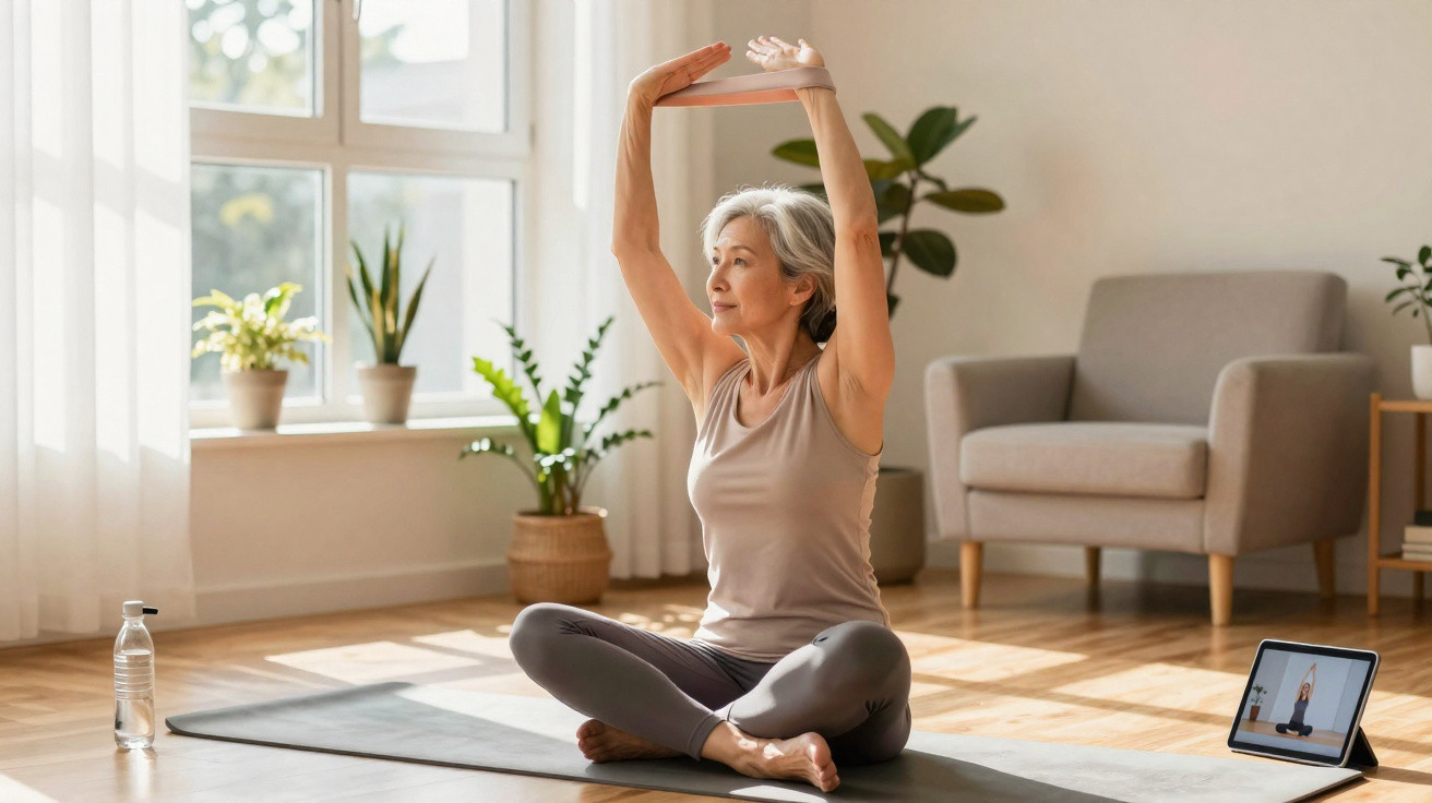 Older woman practicing yoga seated on a mat in a sunlit living room with a tablet for guidance.