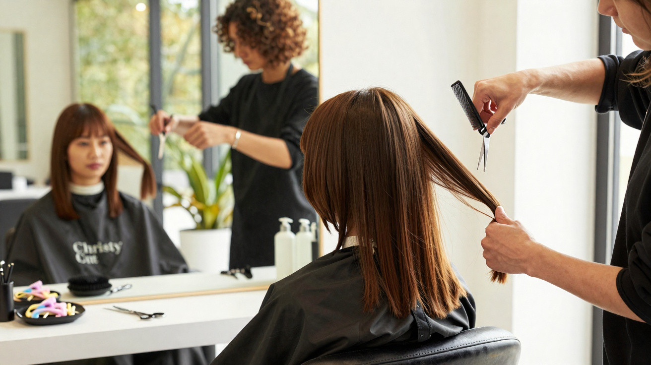 Hairdresser cutting a woman's straight brown hair in a bright salon with mirror reflection.