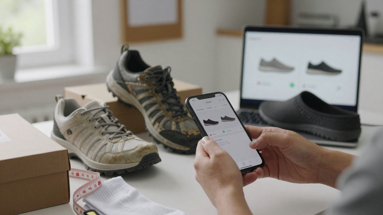 Person holding smartphone viewing shoe options online with shoes, shoeboxes, and laptop on table in background.