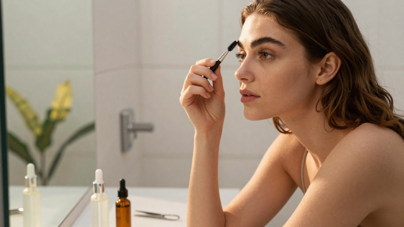 Young woman applying mascara in front of a bathroom mirror with skincare bottles on the counter.