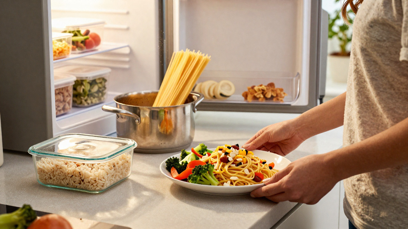 Person holding a plate of cooked spaghetti with vegetables in a kitchen near an open fridge and pot of pasta.