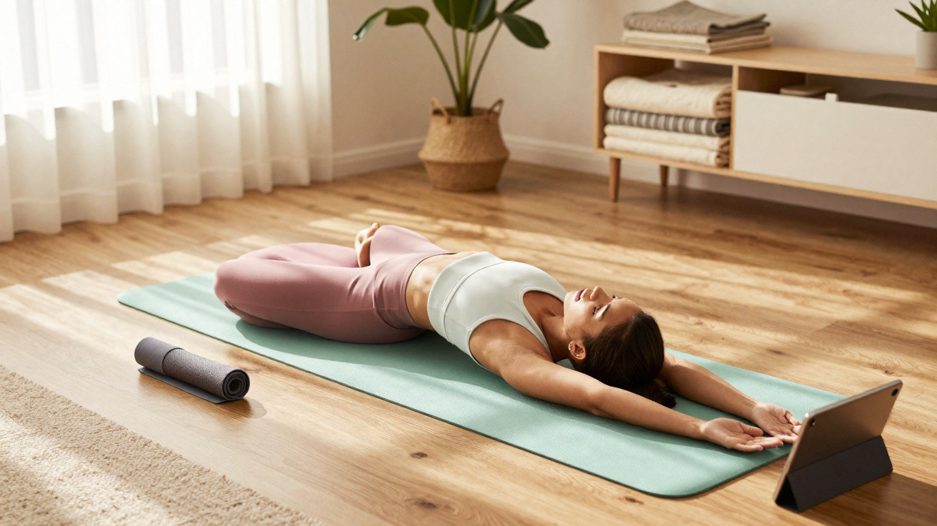 Woman in workout clothes doing yoga stretch on mat in bright living room with tablet and rolled towel nearby
