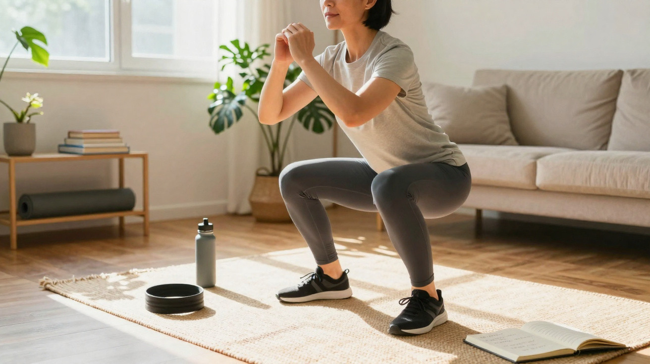 Woman performing a squat exercise on a rug in a bright living room with plants and a book nearby.