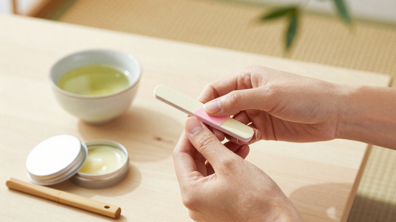 Hands filing nails with emery board near an open jar of cream and a cup of green tea on a wooden table.
