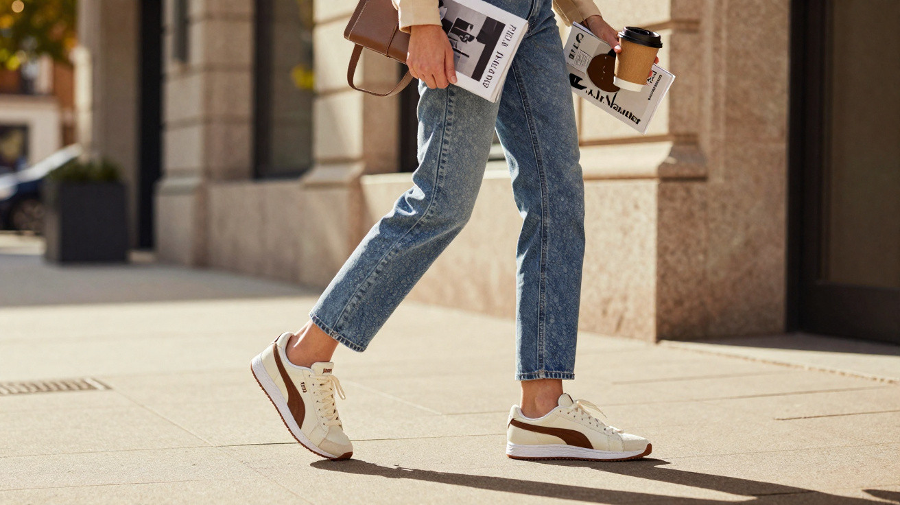 Person walking on city pavement wearing white and brown trainers, blue jeans, holding a coffee and newspapers.