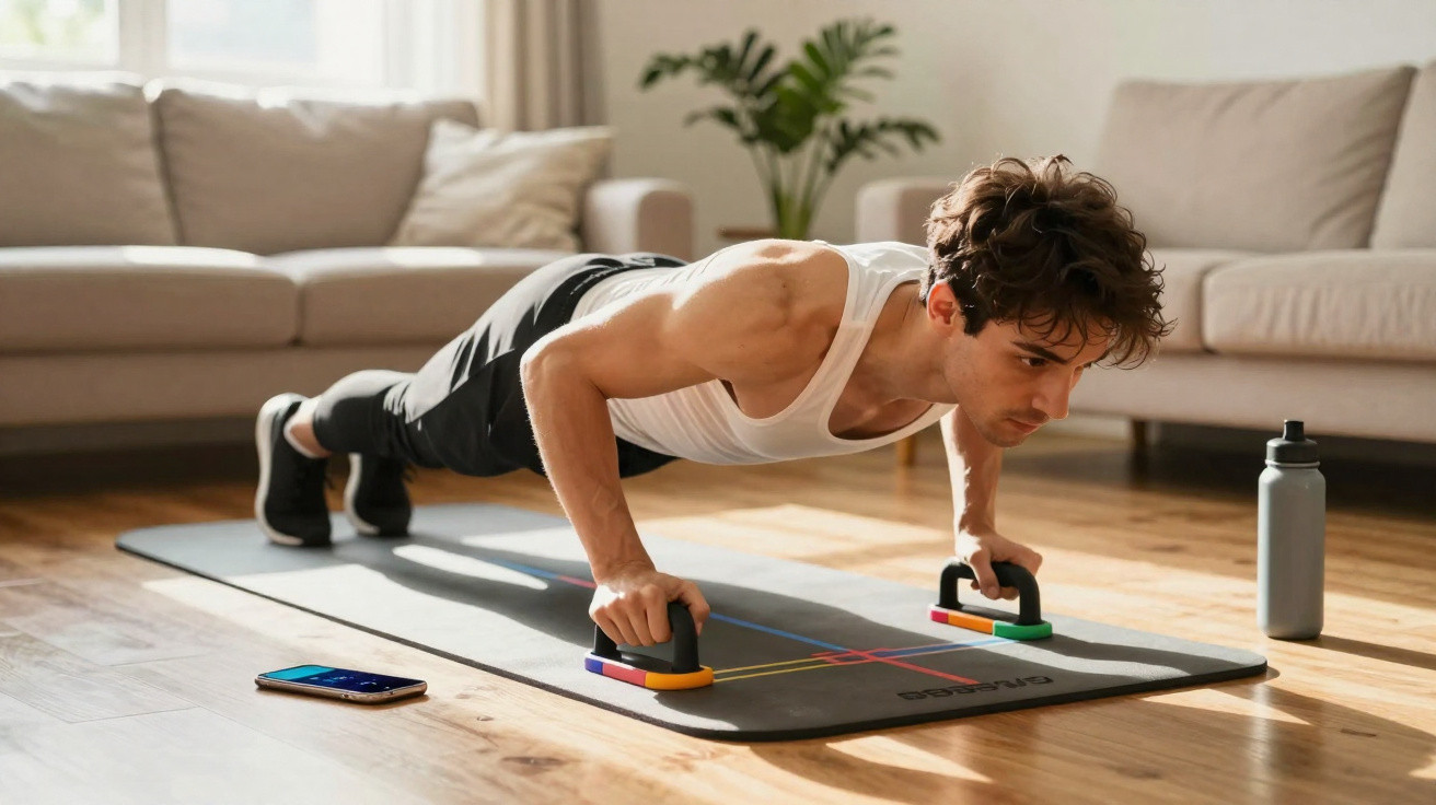 Young man in white vest doing push-ups with handles on a mat in a bright living room.