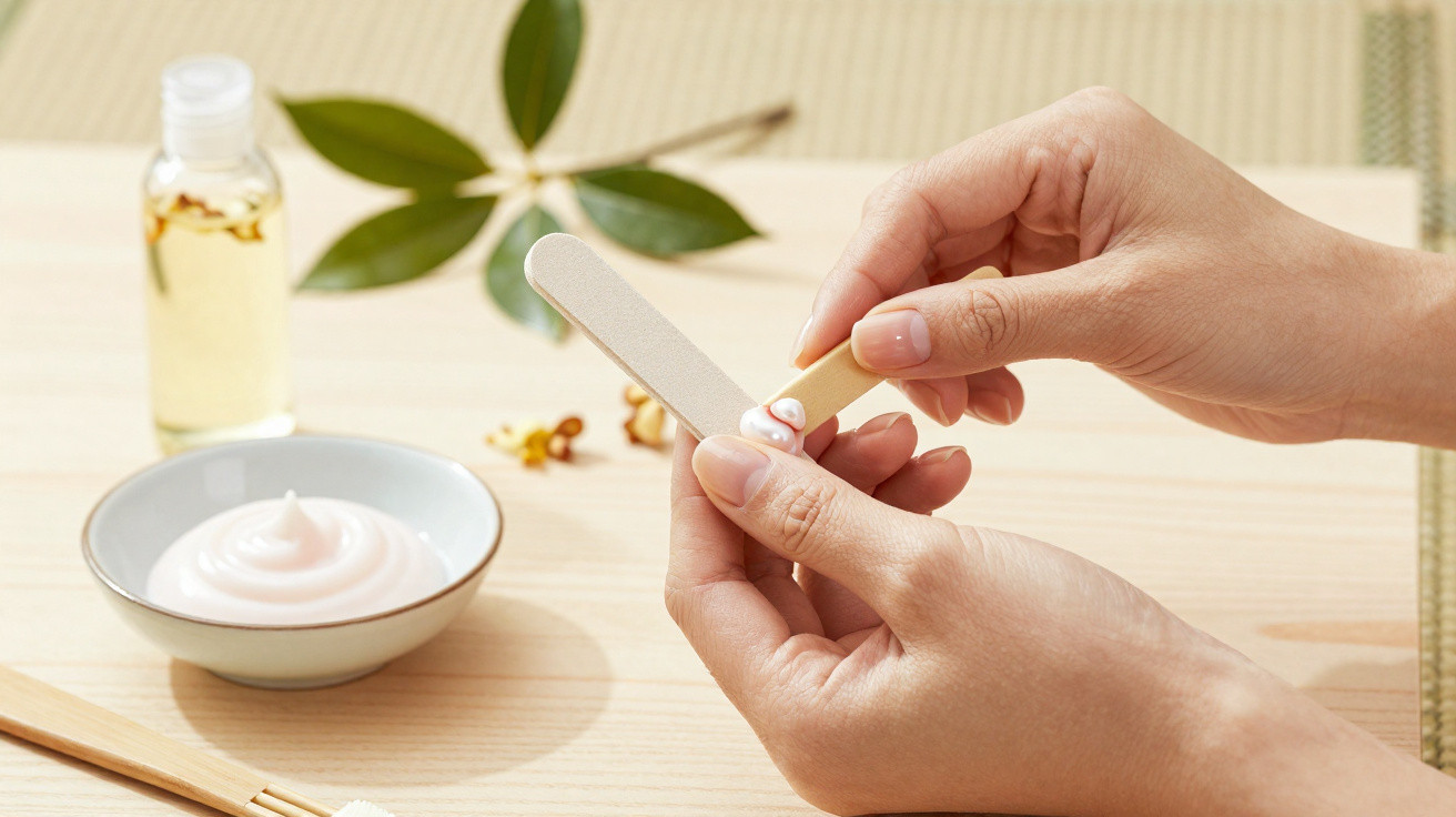 Hands applying cream to nails with a nail file, with a bowl of cream and a bottle of oil on a wooden surface.
