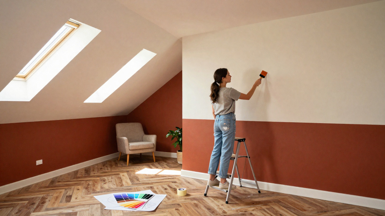 Woman on a stepladder painting the upper half of a wall white in a room with slanted ceiling and skylights.