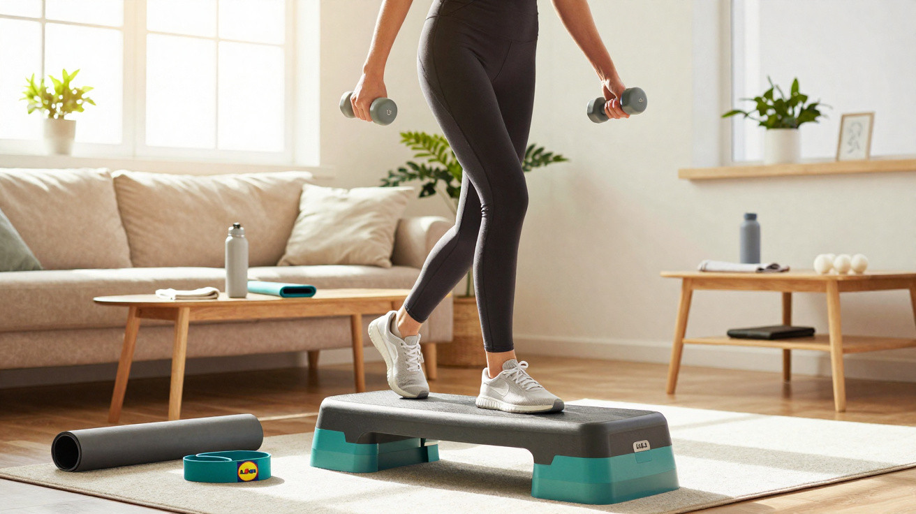 Person exercising indoors stepping on a fitness stepper while holding dumbbells in a sunlit living room.