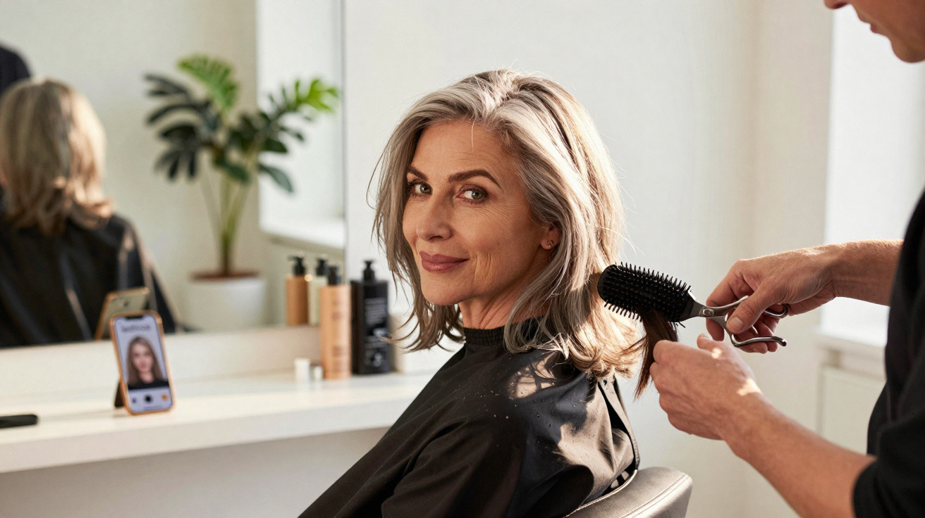 Middle-aged woman with grey hair getting a haircut in a salon, smiling at the camera.