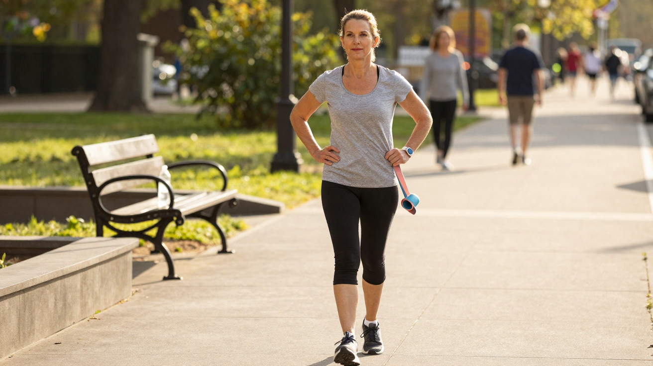 Woman in sportswear walking outdoors in a park holding a jump rope on a sunny day.